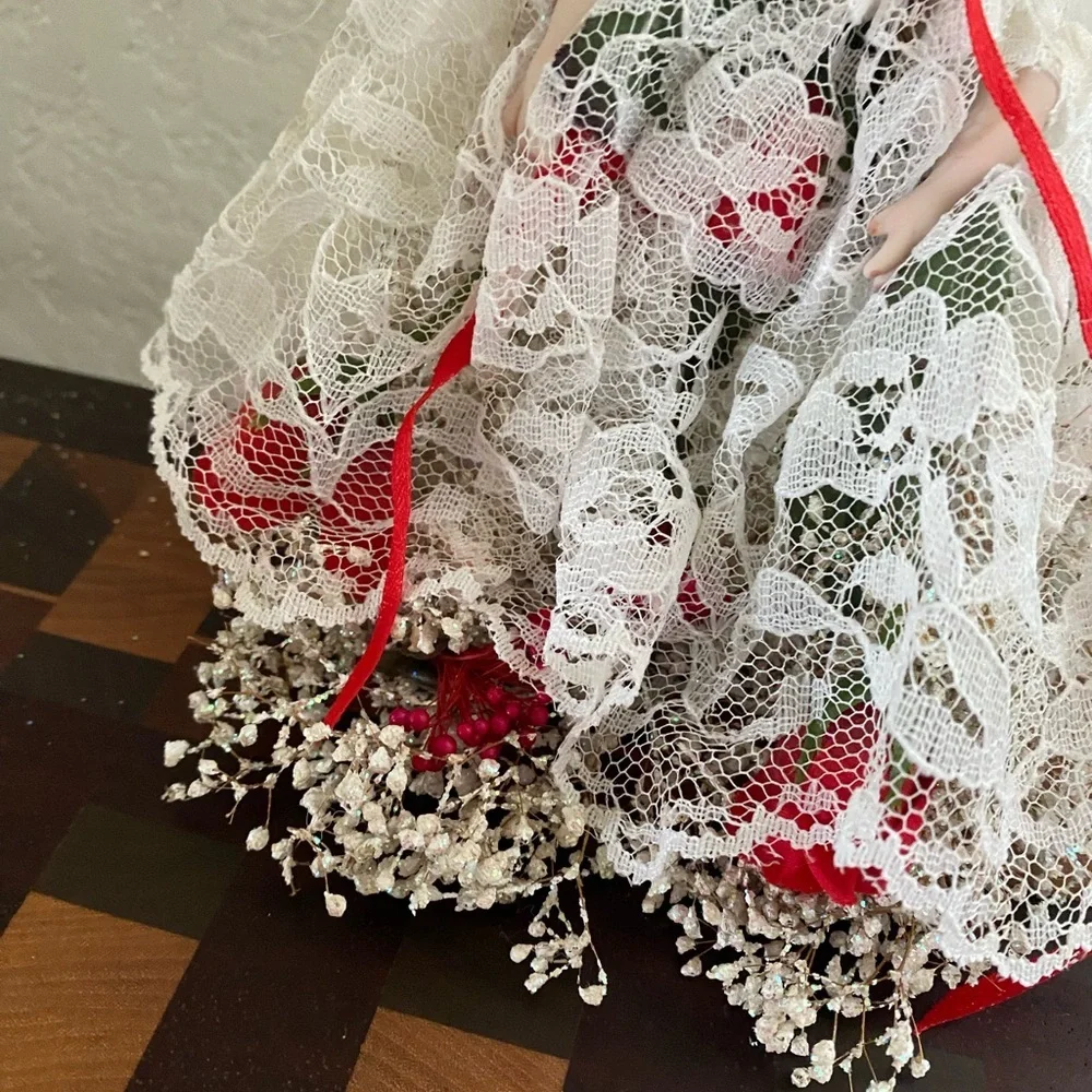 VTG Angel Feather Wings Porcelain Face Ornament Lace Dress Roses Baby Breath 8”L